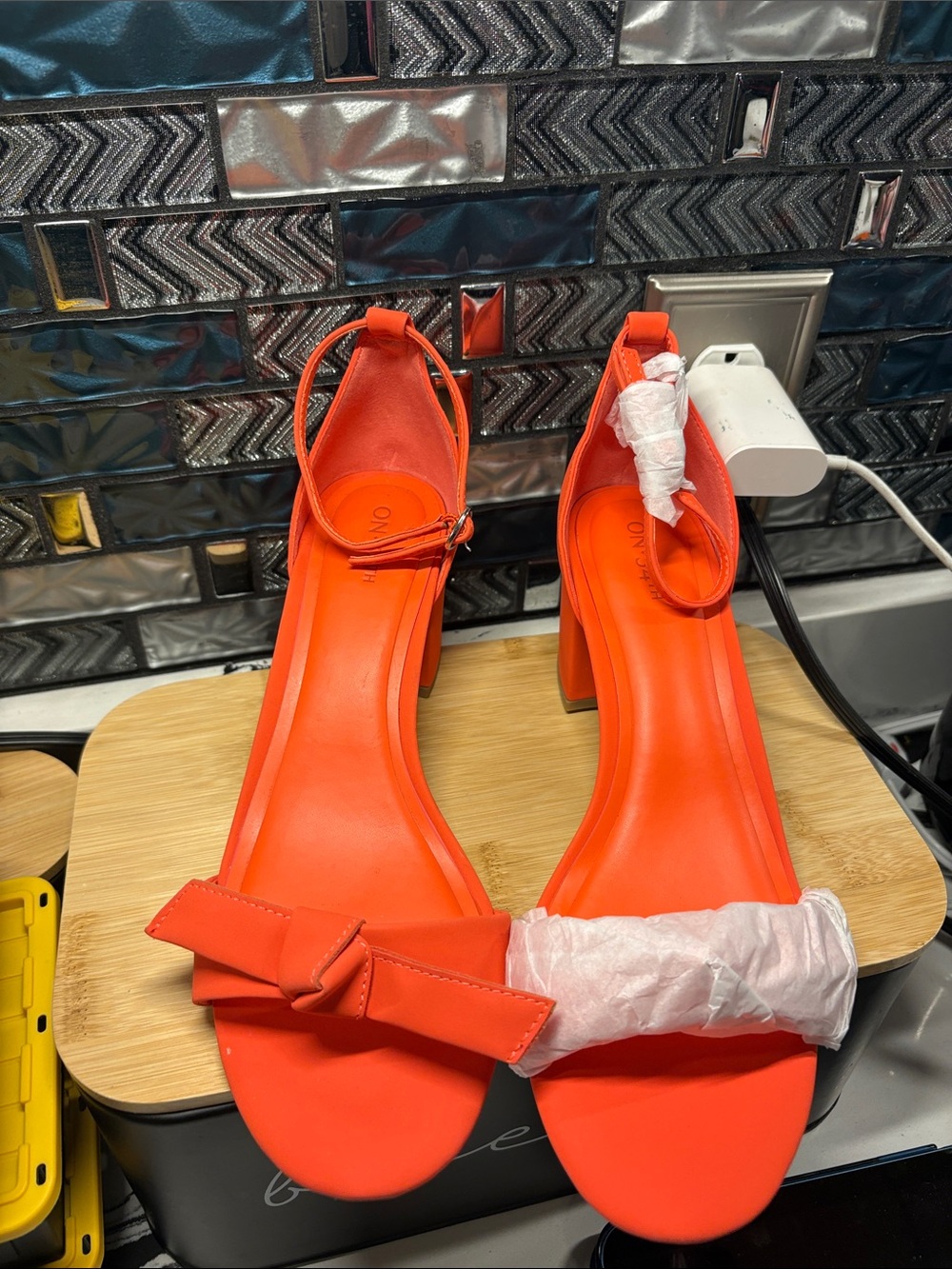 Orange Ankle-Strap Block Heel Sandals with Bow Detail